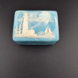 Lighthouse soapstone nautical trinket keepsake box blue white Design Gifts USA